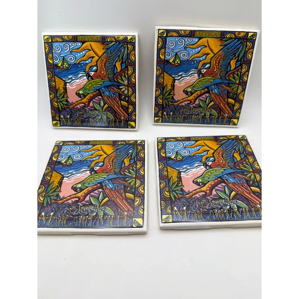 Jimmy Buffett Margaritaville Las Vegas Ceramic Tile Coasters Set of 4 Parrot 4in